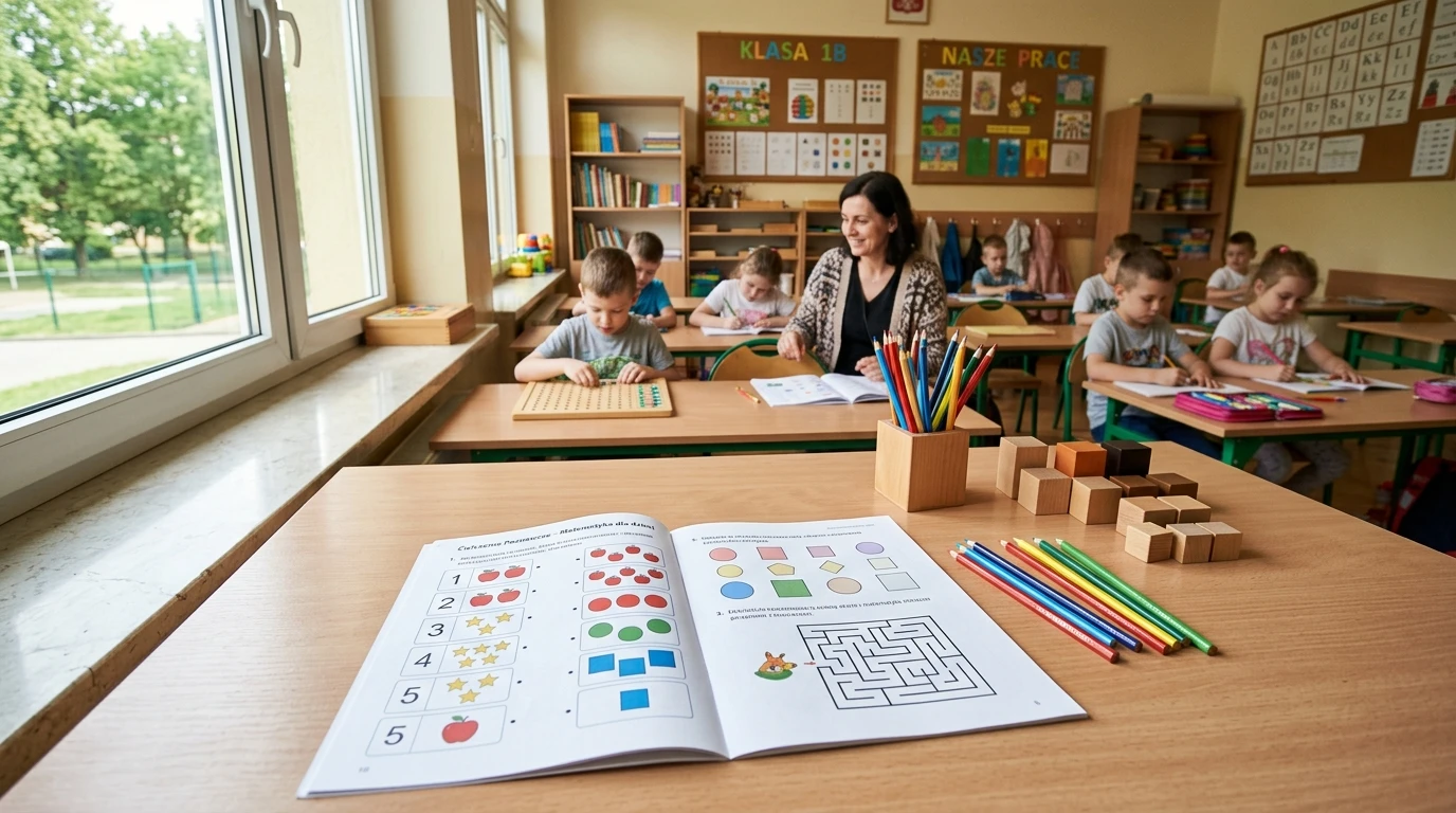 Stanowisko pracy terapeutycznej z kartami pracy, pomocami Montessori i przyborami szkolnymi