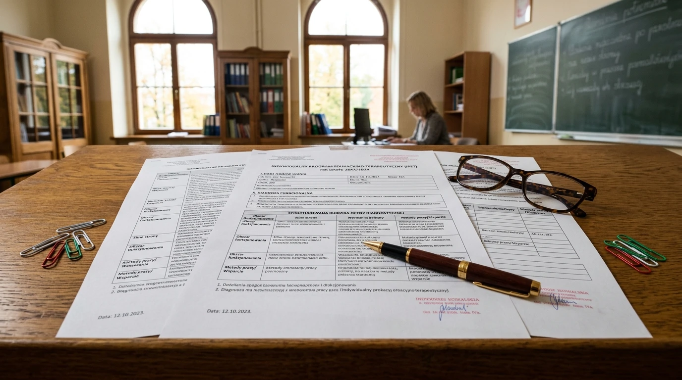 Dokumentacja IPET na stole konferencyjnym zespołu nauczycieli