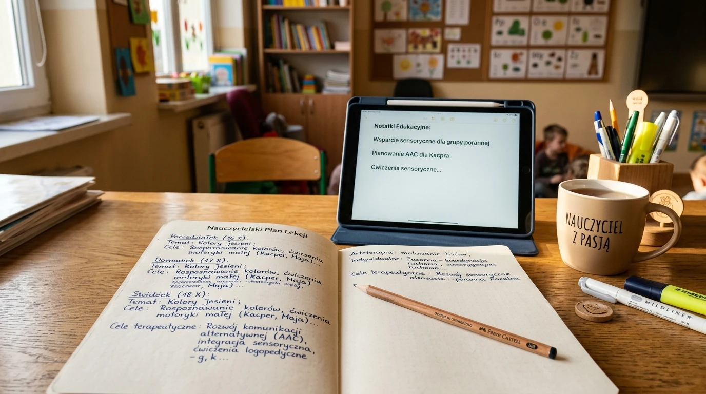 Biurko pedagoga z planem pracy, notatkami metodycznymi i tabletem